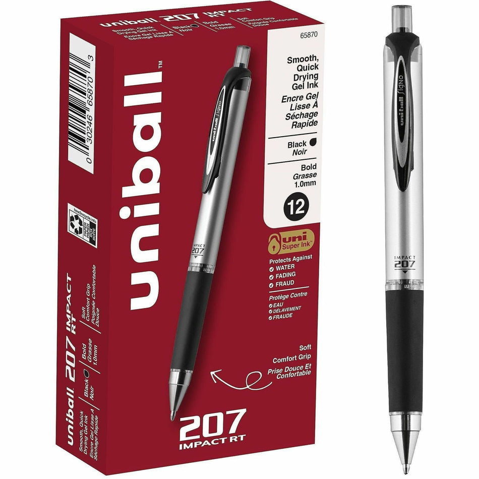 uniball&#8482; 207 Impact RT Gel Pen - 1 mm Bold Pen Point - Refillable - Retractable - Black Ink - Gel-based - Metallic Barrel - 1 Each