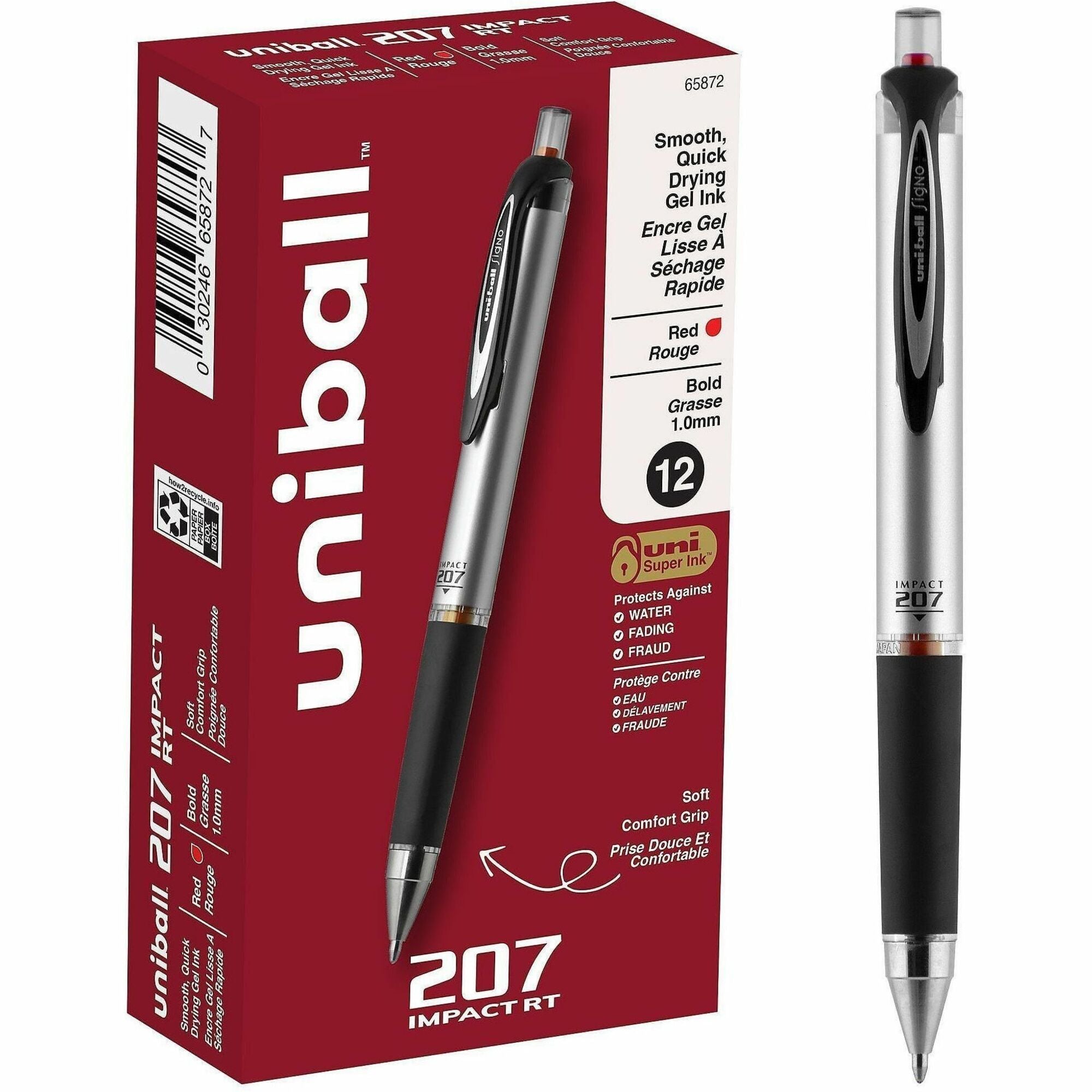 uniball&#8482; 207 Impact RT Gel Pen - 1 mm Bold Pen Point - Refillable - Retractable - Red Ink - Gel-based - Gray, Silver Barrel - 1 Each