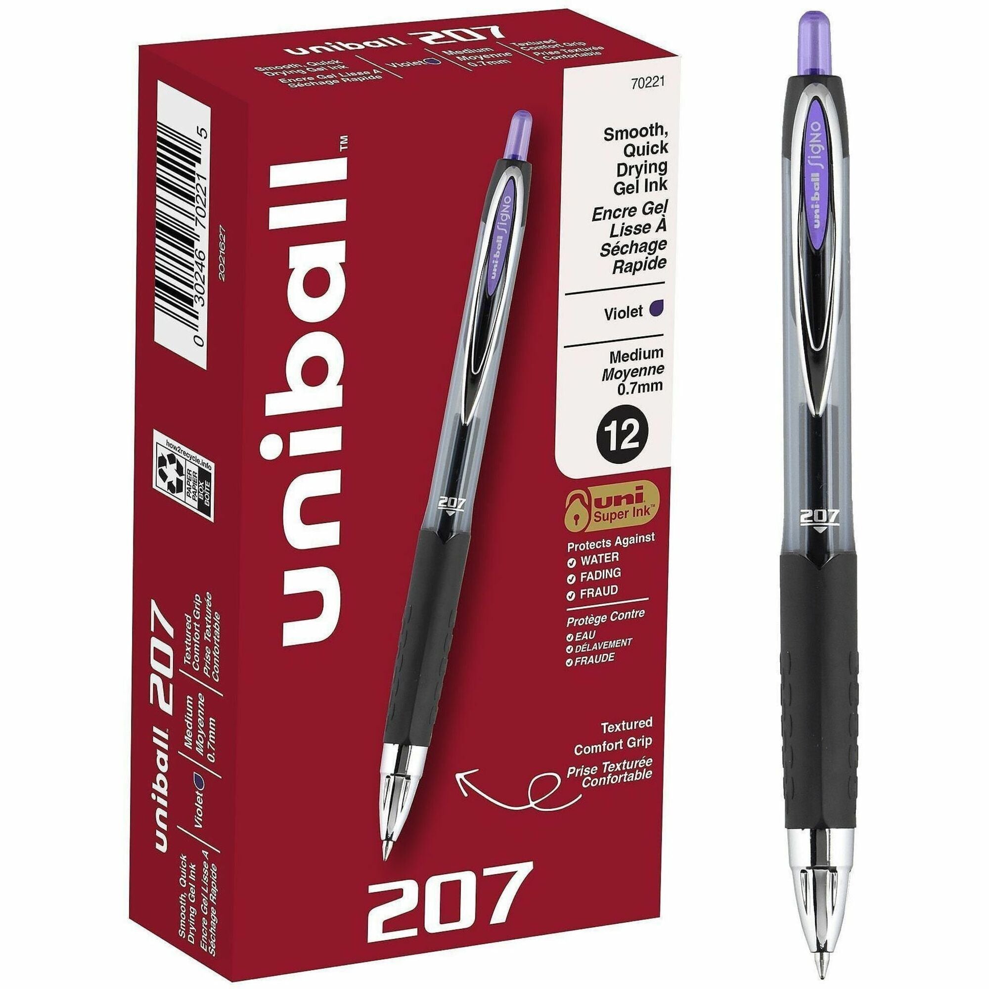 uniball&#8482; 207 Gel Pen - 0.7 mm Medium Pen Point - Refillable - Retractable - Violet Ink - Gel-based - Translucent Barrel - 1 Dozen