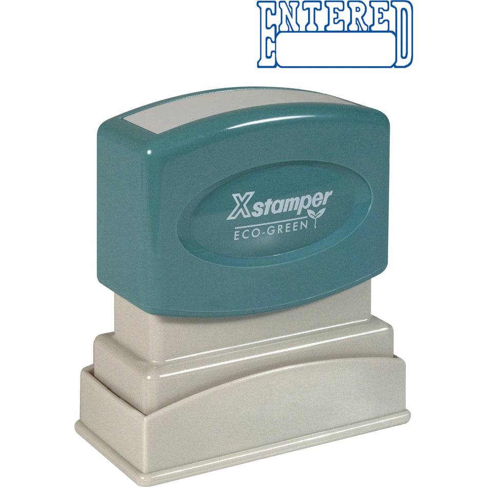 Xstamper ENTERED Open Space Title Stamp - Message Stamp - ENTERED - 0.50" Impression Width x 1.62" Impression Length - 100000 Impression(s) - Blue - Recycled - 1 Each