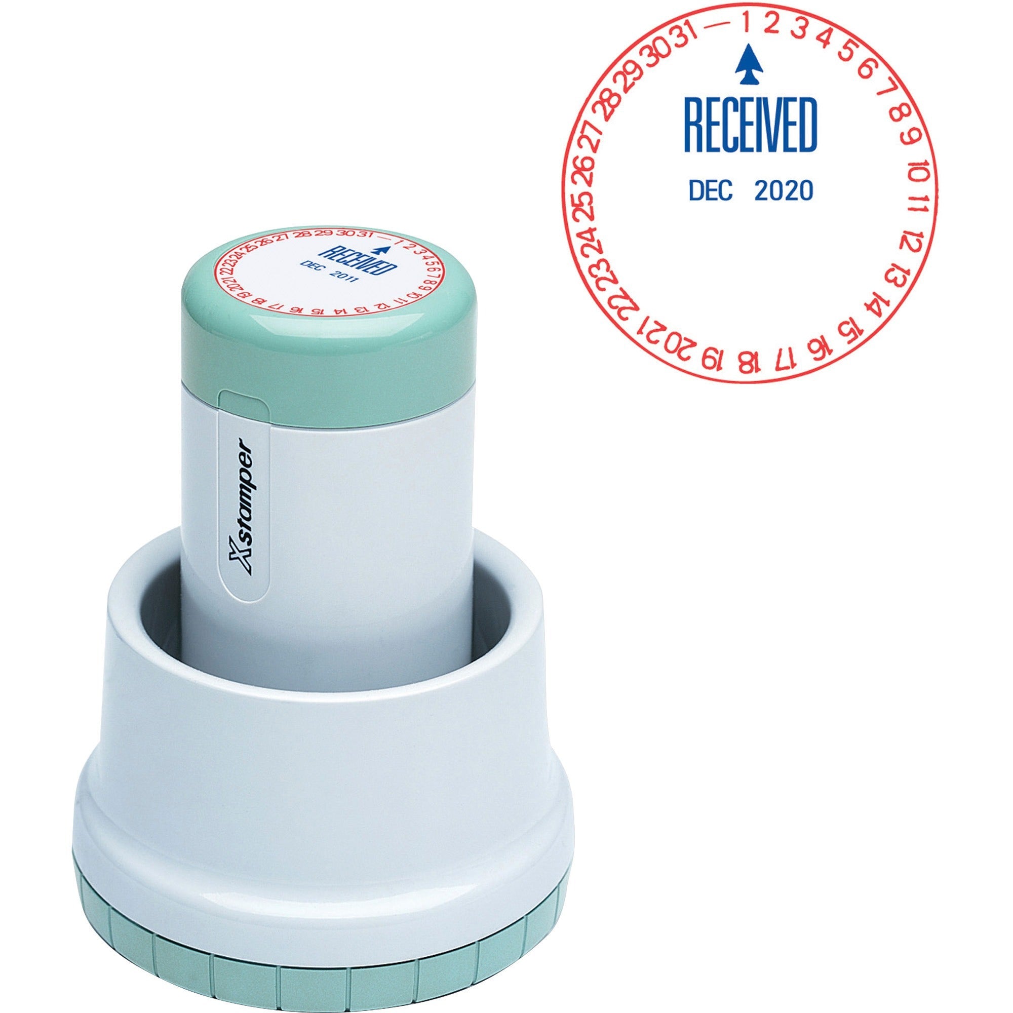 Xstamper XpeDater RECEIVED Rotary Dater - Message/Date Stamp - RECEIVED - 1.75" Impression Diameter - Red, Blue - 1 Each