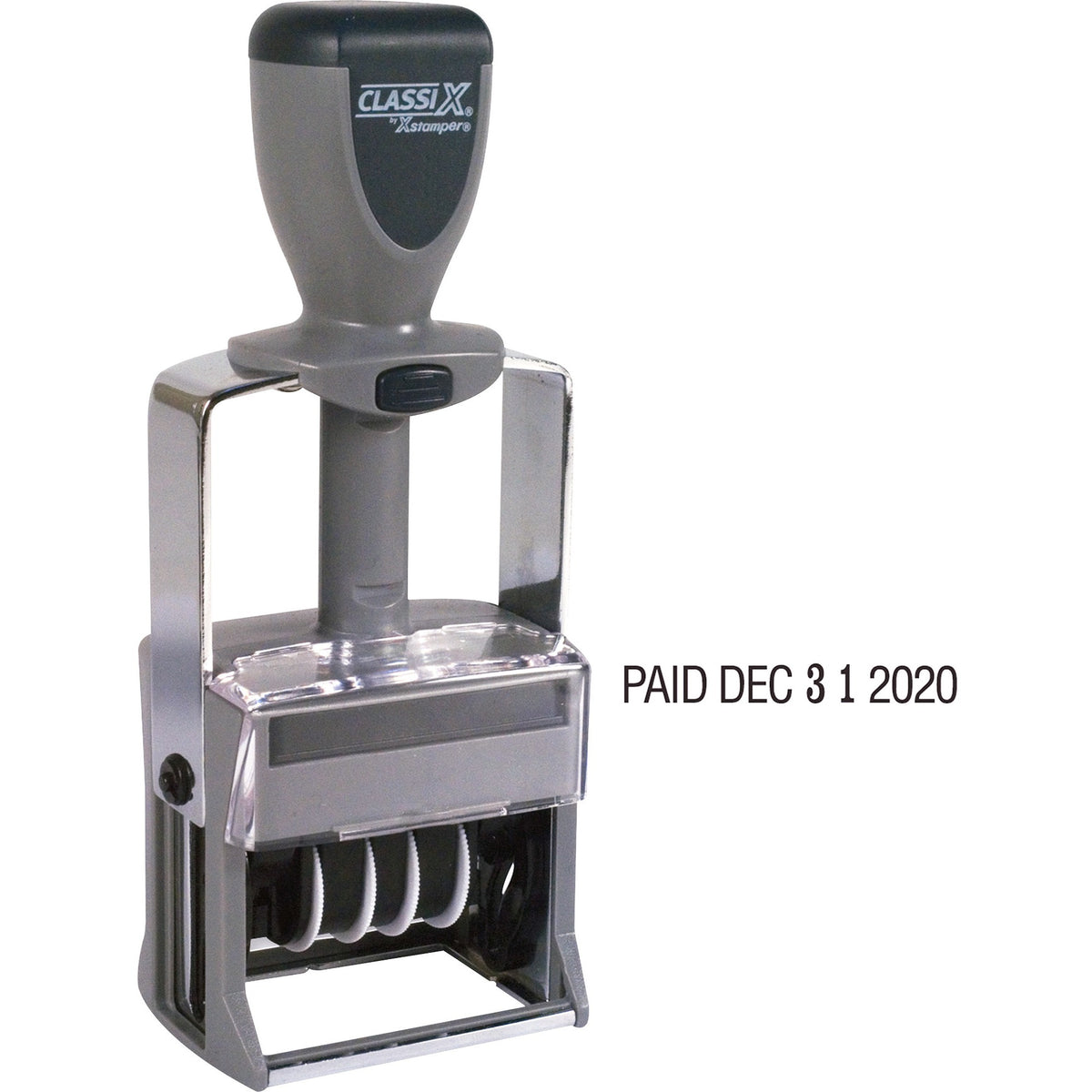 Xstamper Self-Inking 12 Phrase Dater - Message/Date Stamp - REC'D, ANS'D, ENT'D, PAID, SHIPPED, CHARGED, CANCELLED, C.O.D., FILLED, FILED - Black - Metal - 1 Each