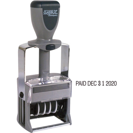 Xstamper Self-Inking 12 Phrase Dater - Message/Date Stamp - REC'D, ANS'D, ENT'D, PAID, SHIPPED, CHARGED, CANCELLED, C.O.D., FILLED, FILED - Black - Metal - 1 Each