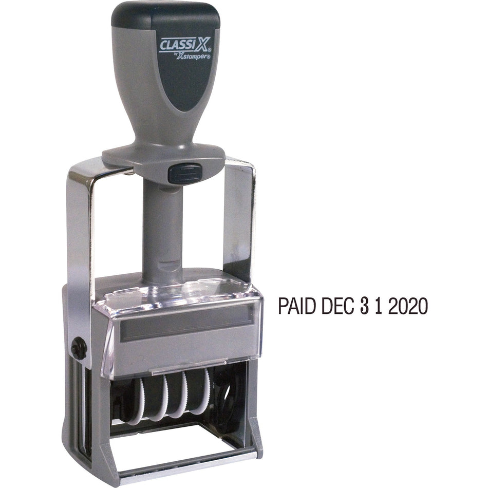 Xstamper Self-Inking 12 Phrase Dater - Message/Date Stamp - REC'D, ANS'D, ENT'D, PAID, SHIPPED, CHARGED, CANCELLED, C.O.D., FILLED, FILED - Black - Metal - 1 Each