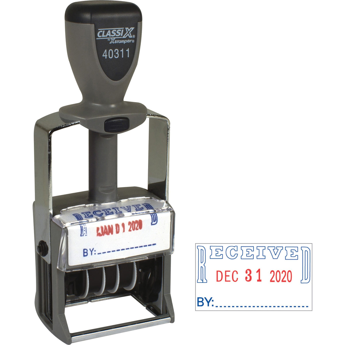ClassiX by Xstamper Heavy-duty RECEIVED Self-Ink Dater - Message/Date Stamp - RECEIVED - Red, Blue - Metal, Plastic Metal - 1 Each