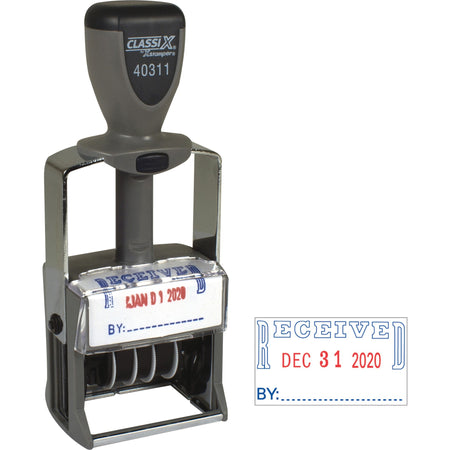 ClassiX by Xstamper Heavy-duty RECEIVED Self-Ink Dater - Message/Date Stamp - RECEIVED - Red, Blue - Metal, Plastic Metal - 1 Each