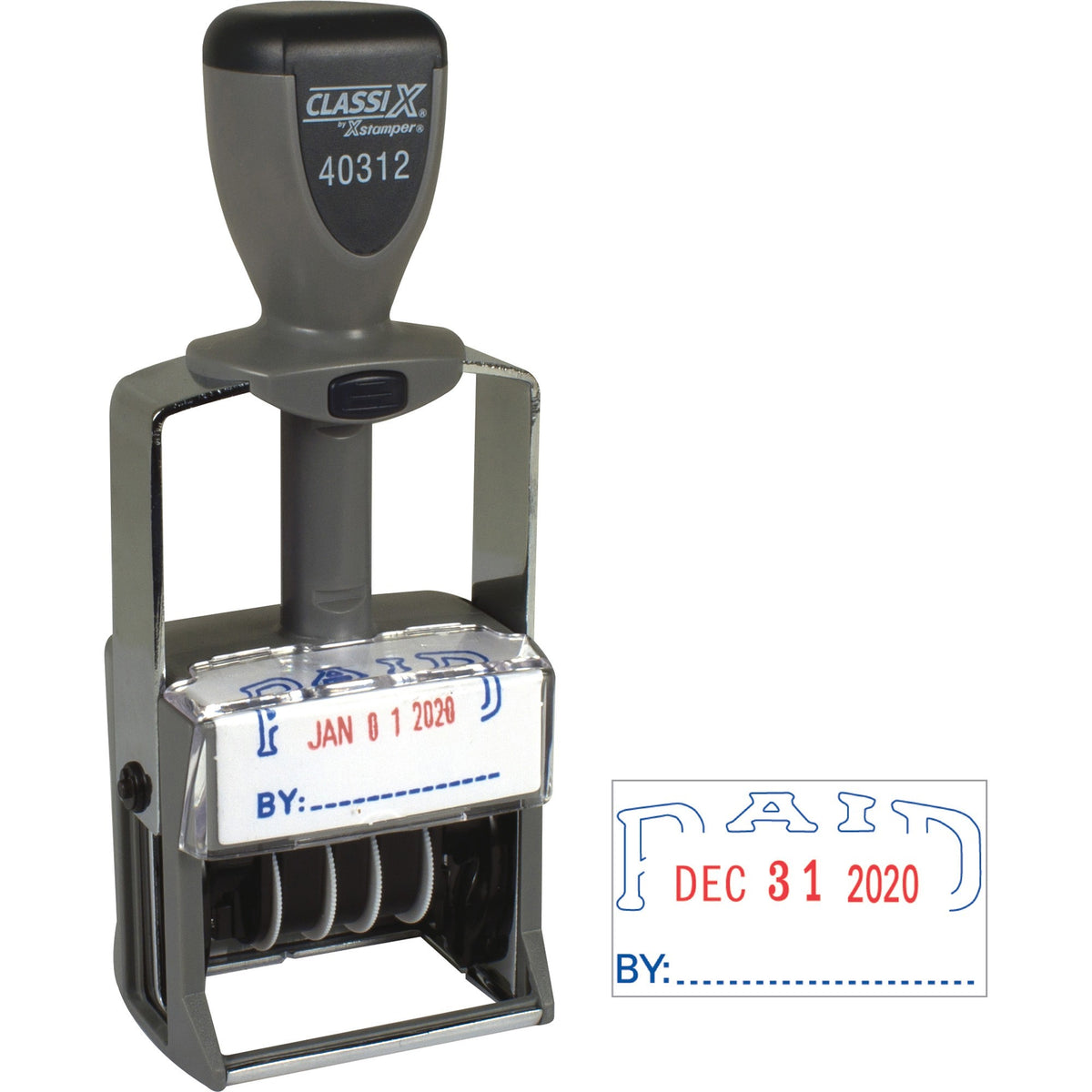 Xstamper Heavy-duty PAID Self-Inking Dater - Message/Date Stamp - PAID - Blue, Red - Metal, Plastic Metal - 1 Each