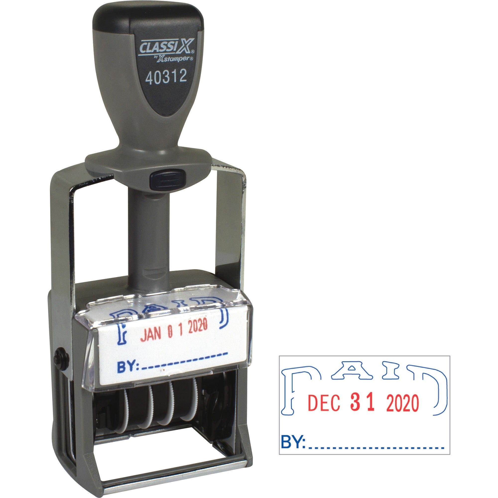 Xstamper Heavy-duty PAID Self-Inking Dater - Message/Date Stamp - PAID - Blue, Red - Metal, Plastic Metal - 1 Each