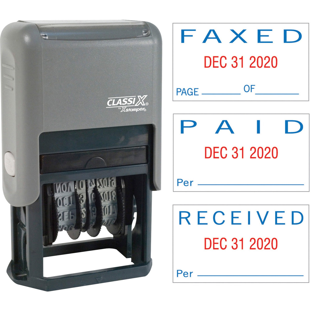 Xstamper Self-Inking Paid/Faxed/Received Dater - Message/Date Stamp - PAID, FAXED, RECEIVED - 0.93" Impression Width - Blue, Red - Plastic Plastic - 1 Each