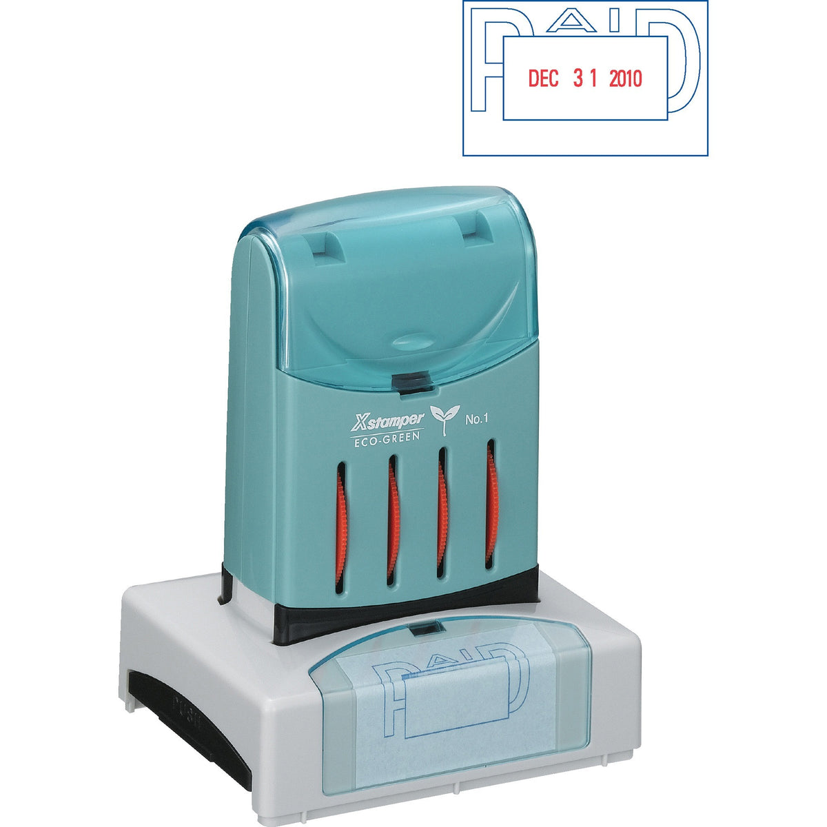 Xstamper VersaDater Pre-inked PAID Date Stamp - Message/Date Stamp - PAID - 1.31" Impression Width x 2.12" Impression Length - Red, Blue - Recycled - 1 Each