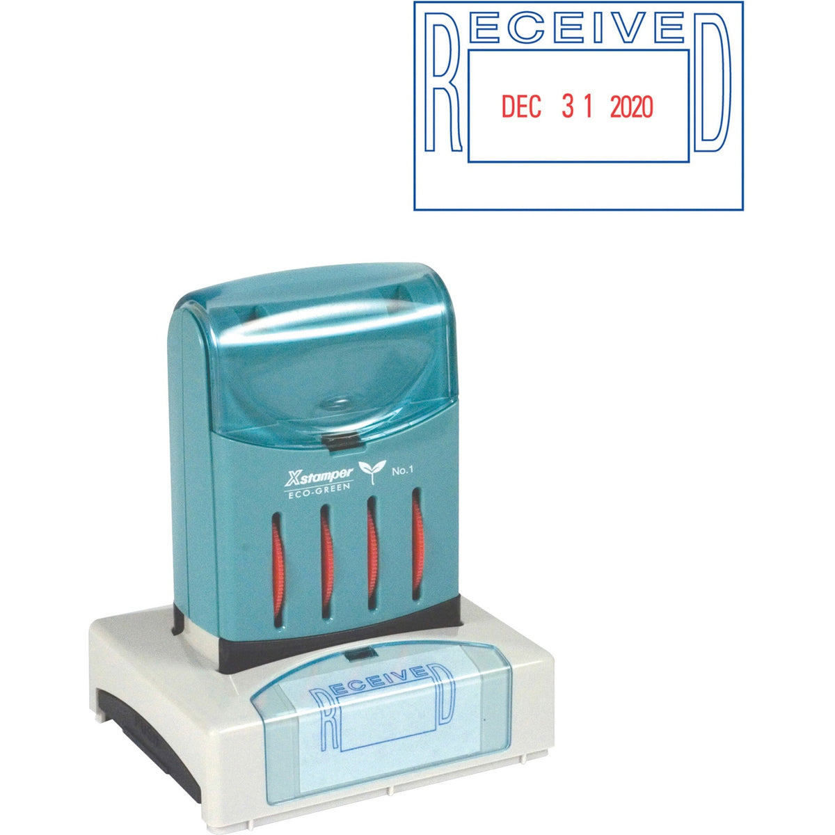 Xstamper VersaDater Pre-inked RECEIVED Date Stamp - Message/Date Stamp - RECEIVED - 1.31" Impression Width x 2.12" Impression Length - Blue, Red - Recycled - 1 Each
