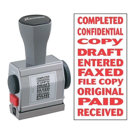 Xstamper 10-In-1 Phrase Stamp - Message Stamp - COMPLETED, CONFIDENTIAL, COPY, DRAFT, ENTERED, FAXED, FILE COPY, ORIGINAL, PAID, RECEIVED - 0.19" Impression Width x 1.50" Impression Length - Red - 1 Each