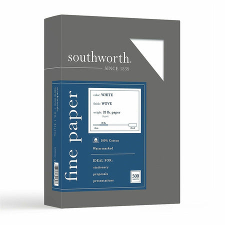 Southworth 100% Cotton Business Paper - Letter - 8 1/2" x 11" - 20 lb Basis Weight - Wove - Wear Resistant, Date-coded, Acid-free, Lignin-free - White - 500 / Box