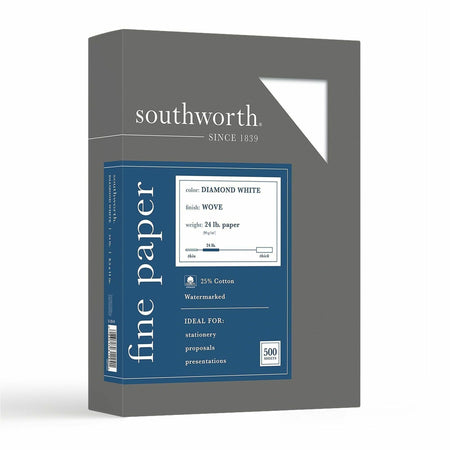 Southworth 25% Cotton Business Paper - Letter - 8 1/2" x 11" - 24 lb Basis Weight - Wove - Acid-free, Watermarked - Diamond White - 500 / Box