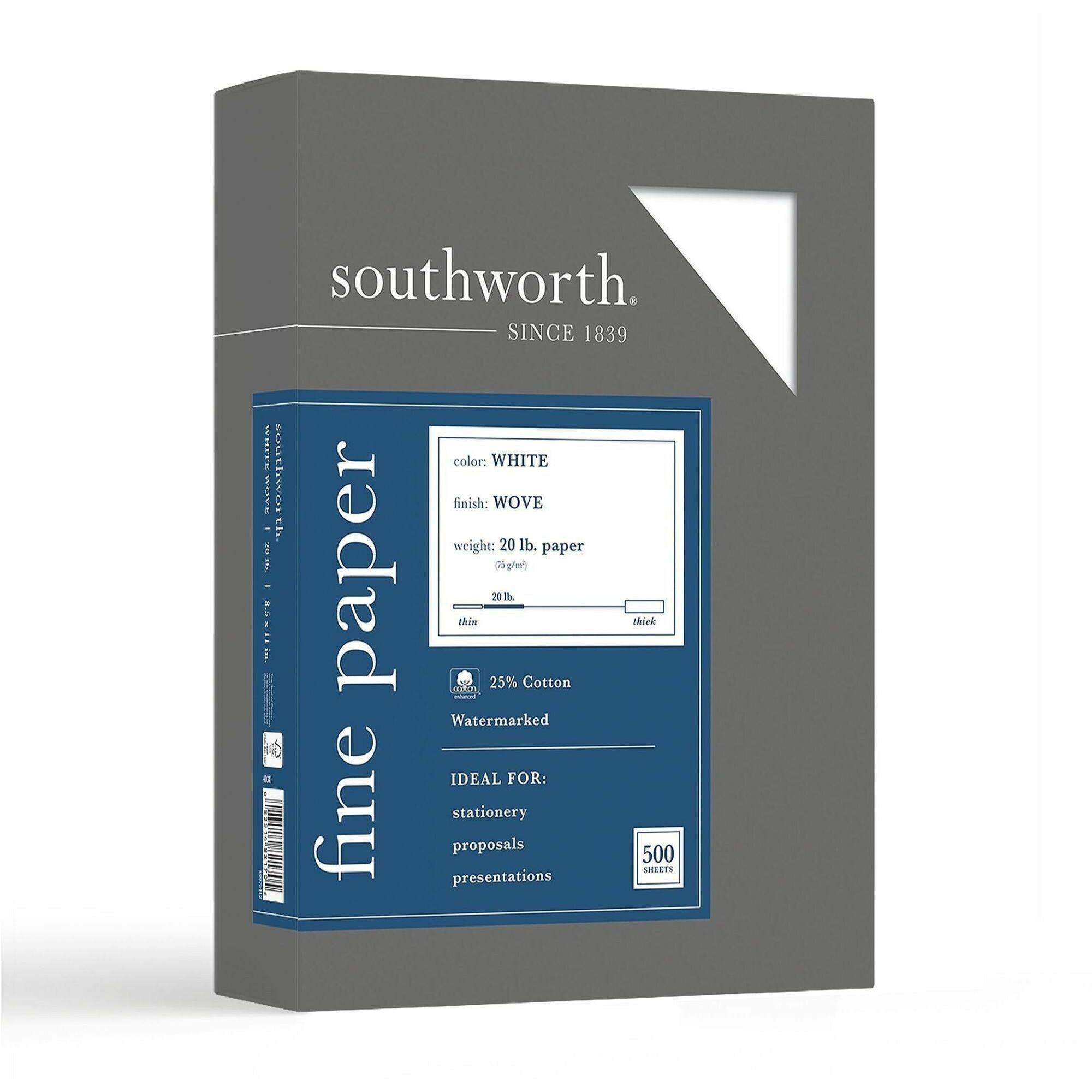 Southworth 25% Cotton Business Paper - Letter - 8 1/2" x 11" - 20 lb Basis Weight - Wove - Watermarked, Acid-free, Date-coded, Lignin-free - White - 500 / Box
