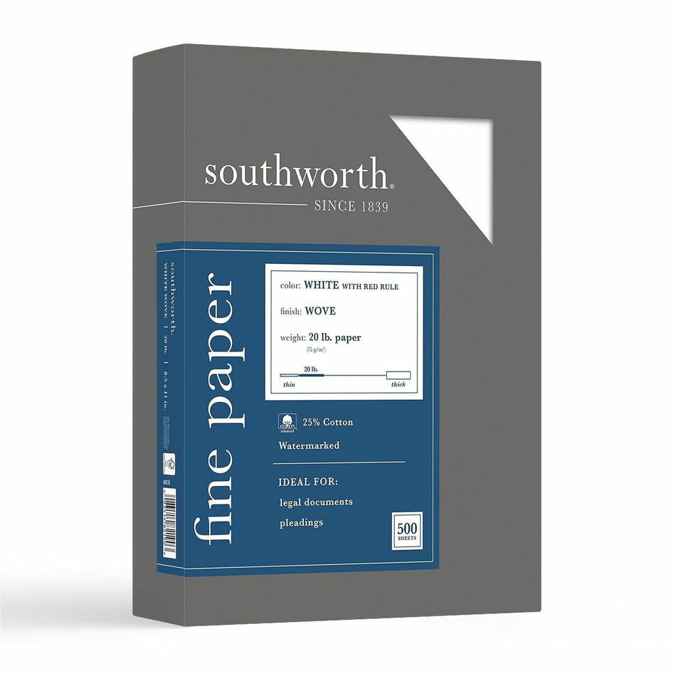 Southworth 25% Cotton Business Paper - Red Ruled - Letter - 8 1/2" x 11" - 20 lb Basis Weight - Wove - Watermarked, Acid-free, Date-coded, Lignin-free - White - 500 / Box