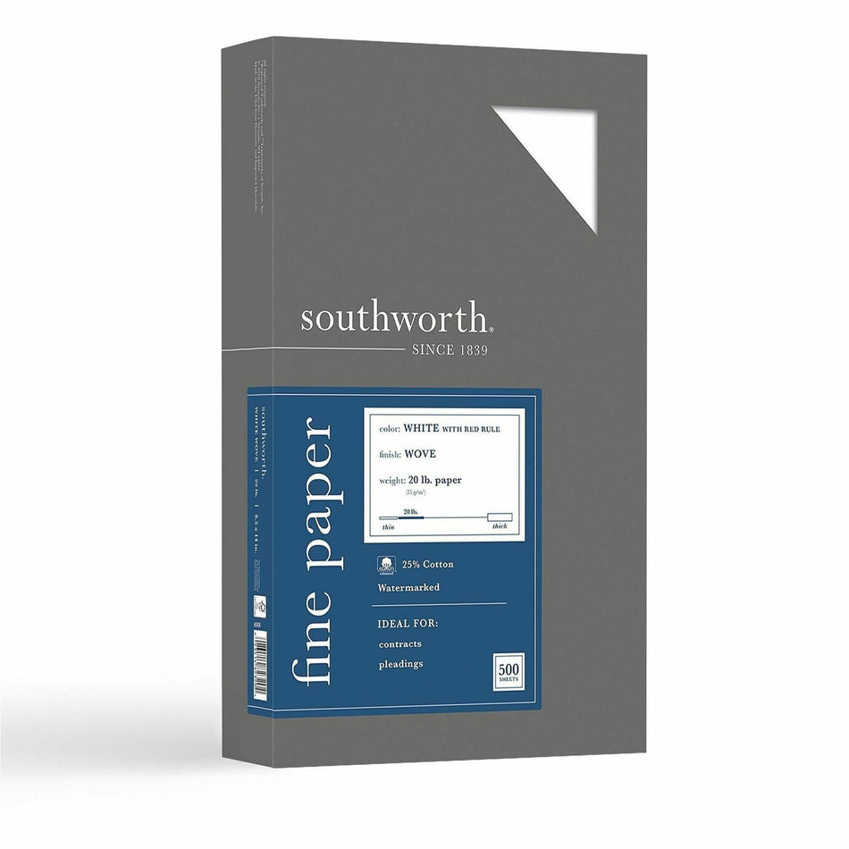 Southworth 25% Cotton Business Paper - Red Ruled - Legal - 8 1/2" x 14" - 20 lb Basis Weight - Wove - Acid-free, Watermarked, Date-coded, Lignin-free - White - 500 / Box