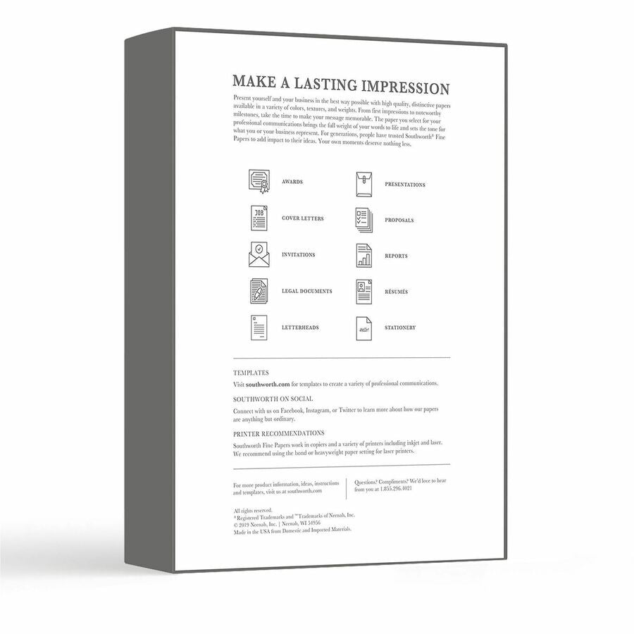 Southworth 25% Cotton Business Paper - Letter - 8 1/2" x 11" - 24 lb Basis Weight - Wove - Watermarked, Acid-free, Lignin-free, Date-coded - Ivory - 500 / Box