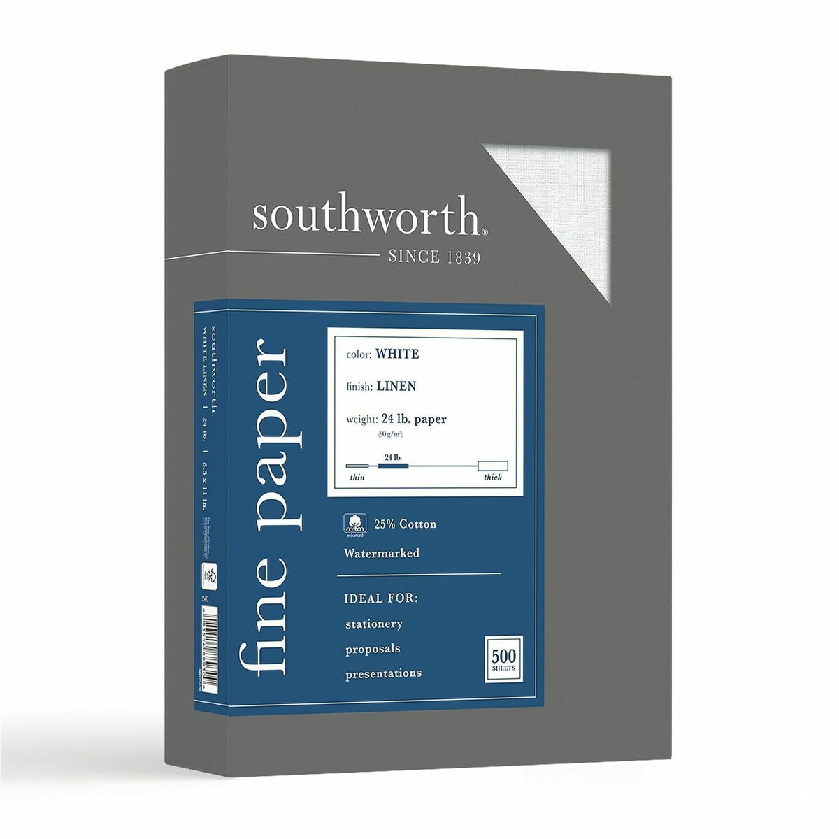 Southworth 25% Cotton Business Paper - Letter - 8 1/2" x 11" - 24 lb Basis Weight - Linen - Acid-free, Watermarked, Date-coded - White - 500 / Box