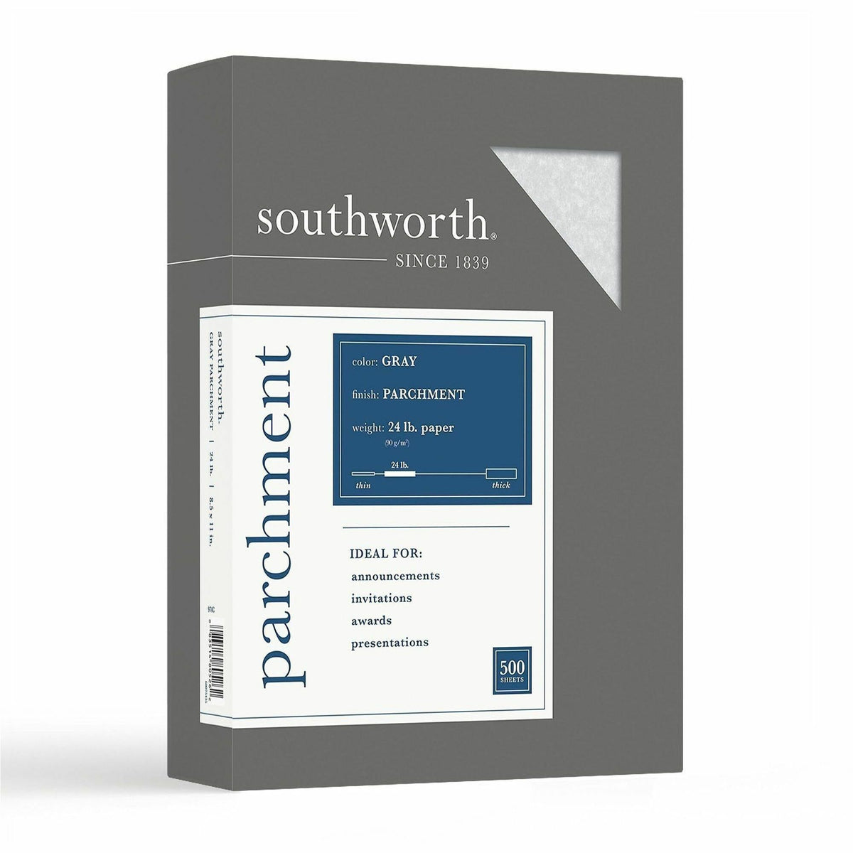 Southworth Parchment Specialty Paper - Gray - Letter - 8 1/2" x 11" - 24 lb Basis Weight - Parchment - Acid-free, Lignin-free - Gray - 500 / Box