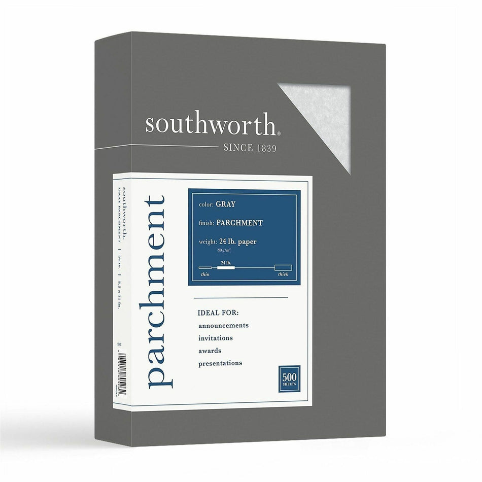 Southworth Parchment Specialty Paper - Gray - Letter - 8 1/2" x 11" - 24 lb Basis Weight - Parchment - Acid-free, Lignin-free - Gray - 500 / Box