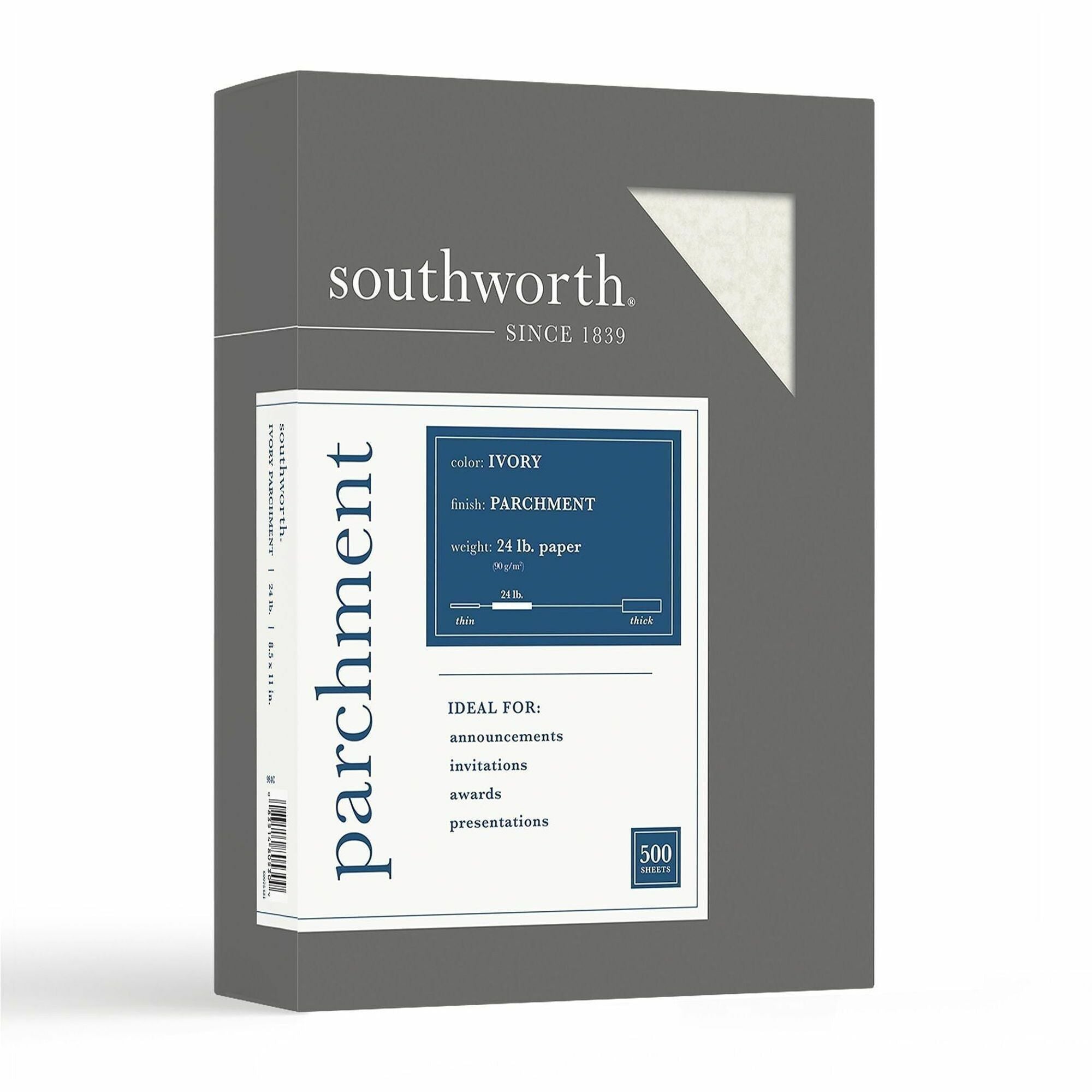 Southworth Parchment Specialty Paper - Ivory - Letter - 8 1/2" x 11" - 24 lb Basis Weight - Parchment - Acid-free, Lignin-free - Ivory - 500 / Box