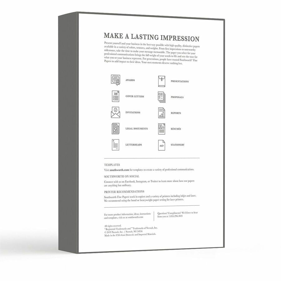 Southworth 100% Cotton Business Paper - Letter - 8 1/2" x 11" - 32 lb Basis Weight - Wove - Acid-free, Watermarked - White - 250 / Box