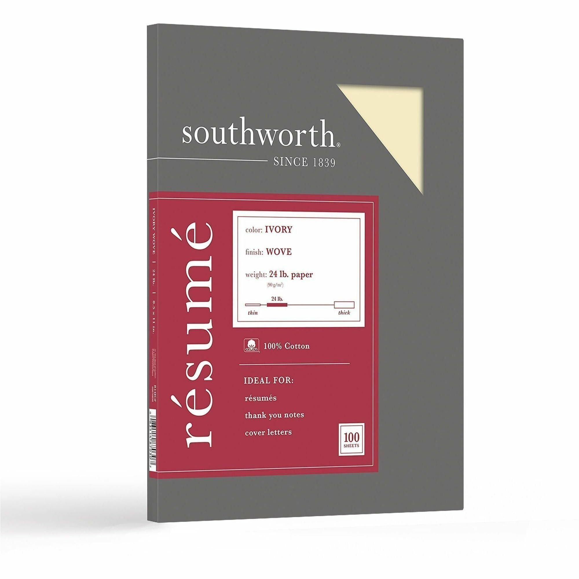 Southworth 100% Cotton Resume Paper - Letter - 8 1/2" x 11" - 24 lb Basis Weight - Wove - Acid-free, Lignin-free - Ivory - 100 / Box