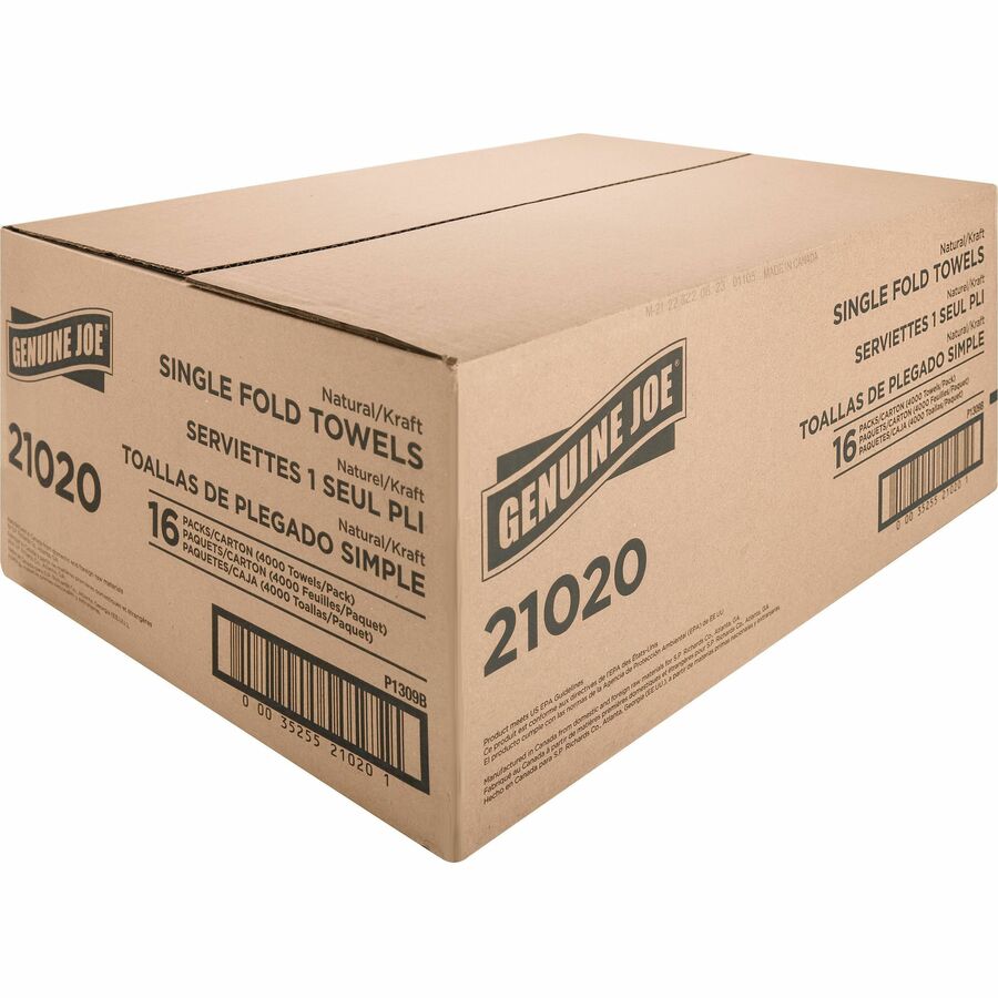 Genuine Joe Paper Towel Single fold 250 sheets Natural - 1 Ply - Single Fold - 10.25" Width x 9.10" Length - embossed design - Natural - Fiber, Kraft - 250 Sheets/Pack - 16 / Carton