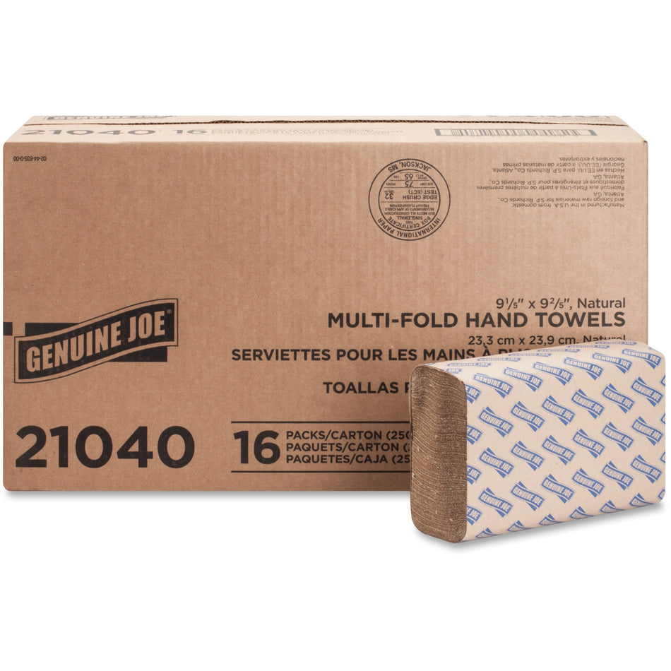 Genuine Joe Multifold Natural Towels - 1 Ply - Multifold - 9.25" Width x 9.40" Length - Natural - Paper - 250 / Pack - 16 / Carton