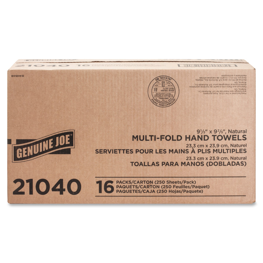 Genuine Joe Multifold Natural Towels - 1 Ply - Multifold - 9.25" Width x 9.40" Length - Natural - Paper - 250 / Pack - 16 / Carton