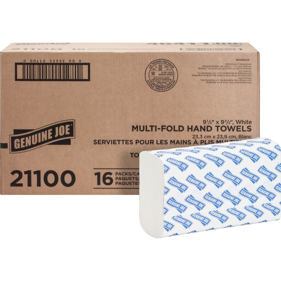 Genuine Joe Paper Towel Multi fold 250 sheets White - 1 Ply - Multifold - 9.20" Width x 9.40" Length - embossed design - White - Paper, Fiber - 250 Sheets/Pack - 16 / Carton