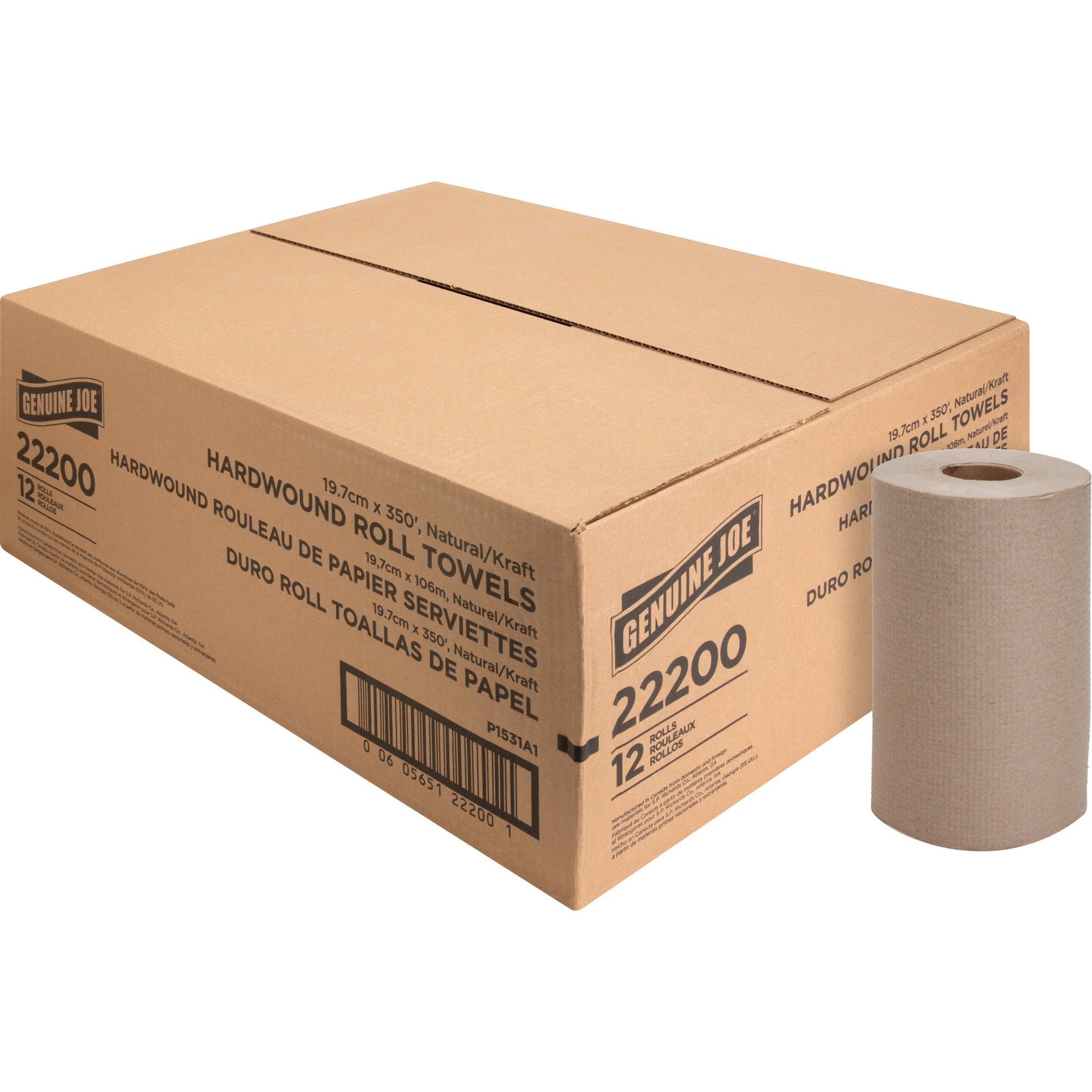 Genuine Joe Embossed Hardwound Roll Towels - 7.87" Width x 350 ft Length - 2" Core - Natural - 12 / Carton