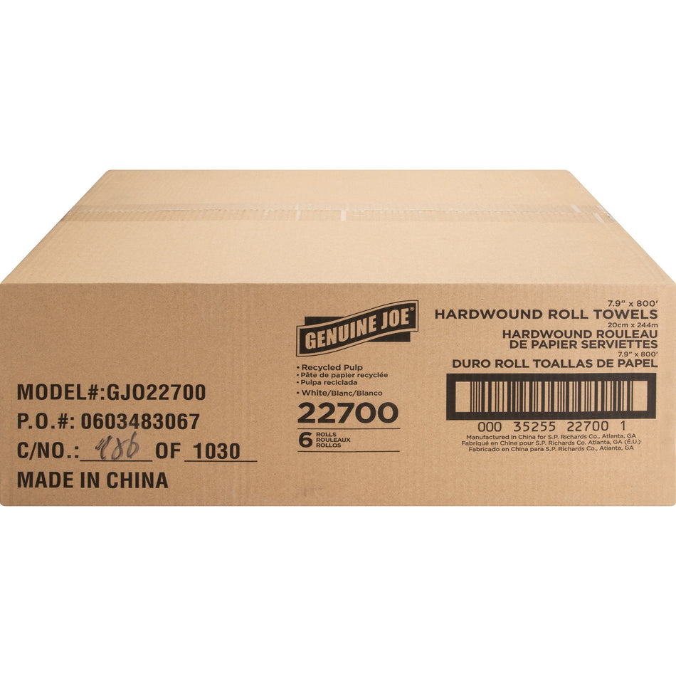 Genuine Joe Hardwound Roll Paper Towels - 7.90" x 800 ft - 2" Core - White - 6 / Carton