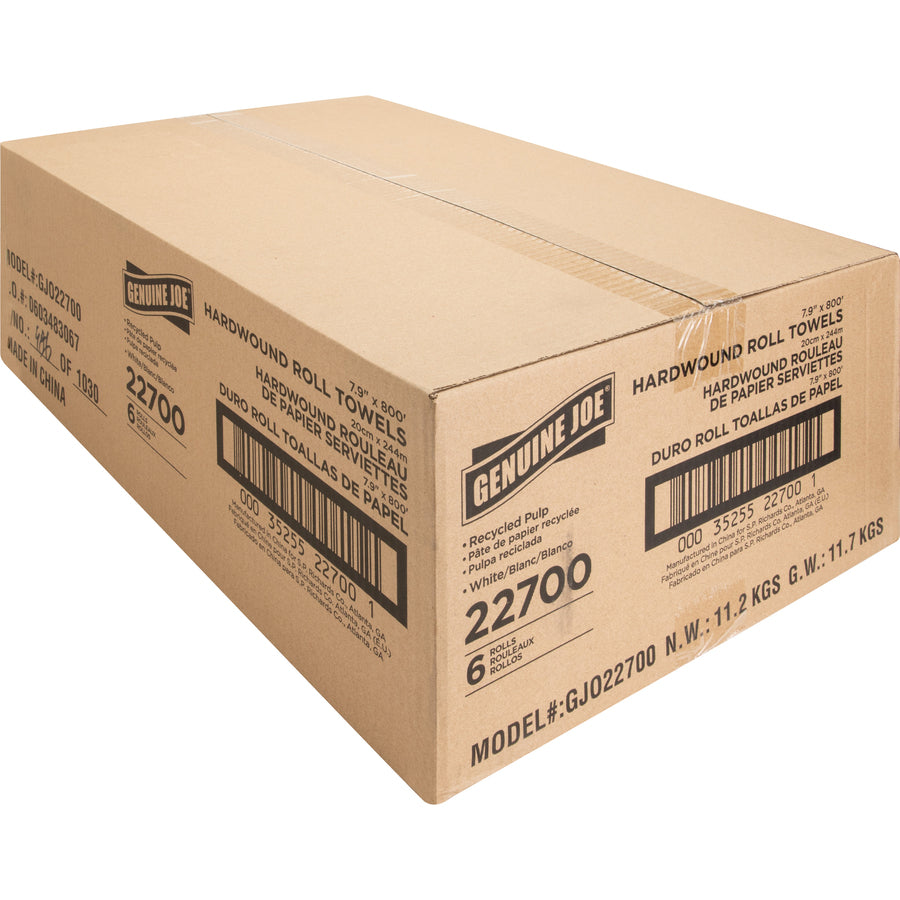 Genuine Joe Hardwound Roll Paper Towels - 7.90" x 800 ft - 2" Core - White - 6 / Carton