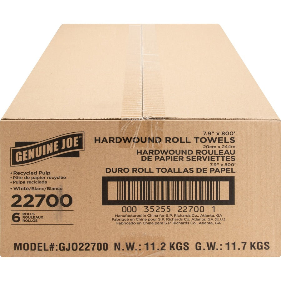 Genuine Joe Hardwound Roll Paper Towels - 7.90’’ x 800 ft - 2’’ Core - White - 6 / Carton
