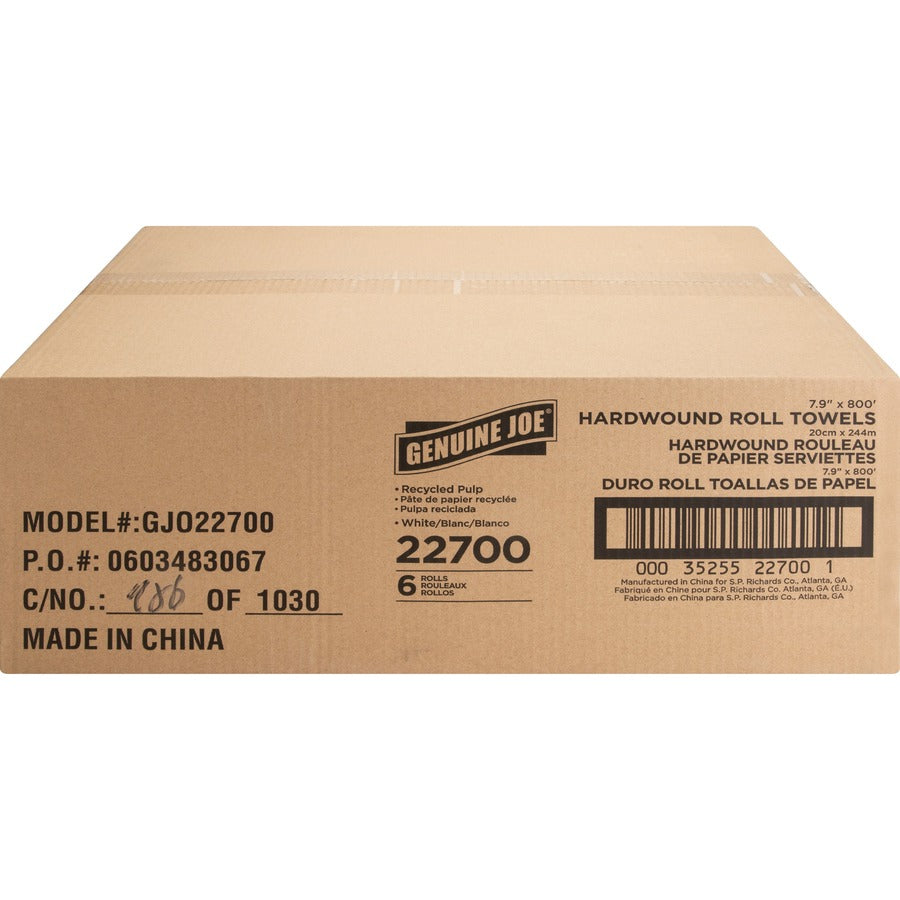 Genuine Joe Hardwound Roll Paper Towels - 7.90’’ x 800 ft - 2’’ Core - White - 6 / Carton