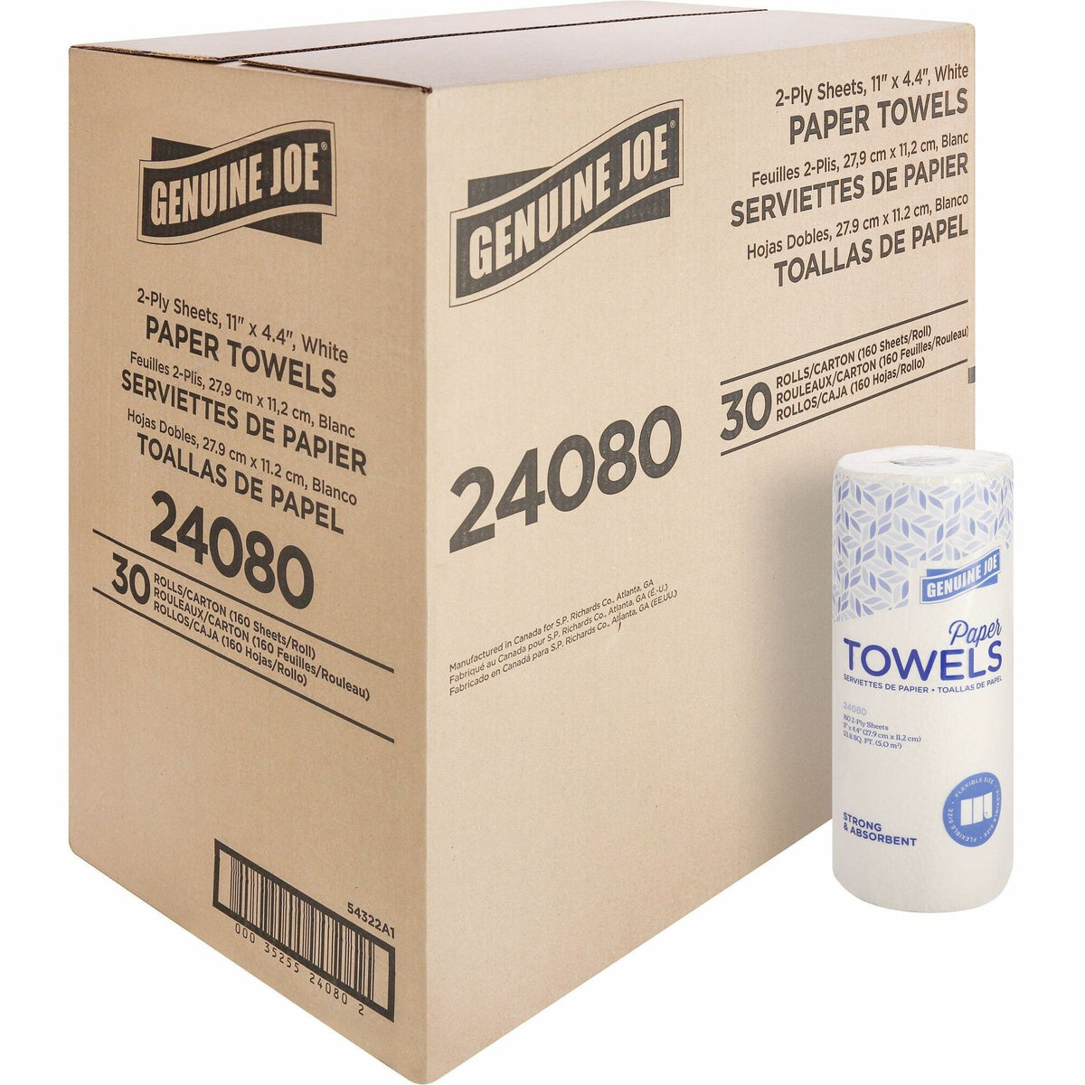Genuine Joe Kitchen Roll Flexible Size Towels - 2 Ply - 1 5/8" Core - White - 30 / Carton