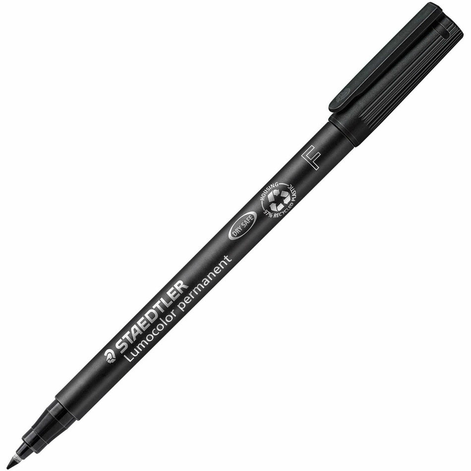 Staedtler Lumocolor Permanent Pens - 0.6 mm Fine Marker Point - Black Ink - Black Polypropylene Barrel - 10 / Box