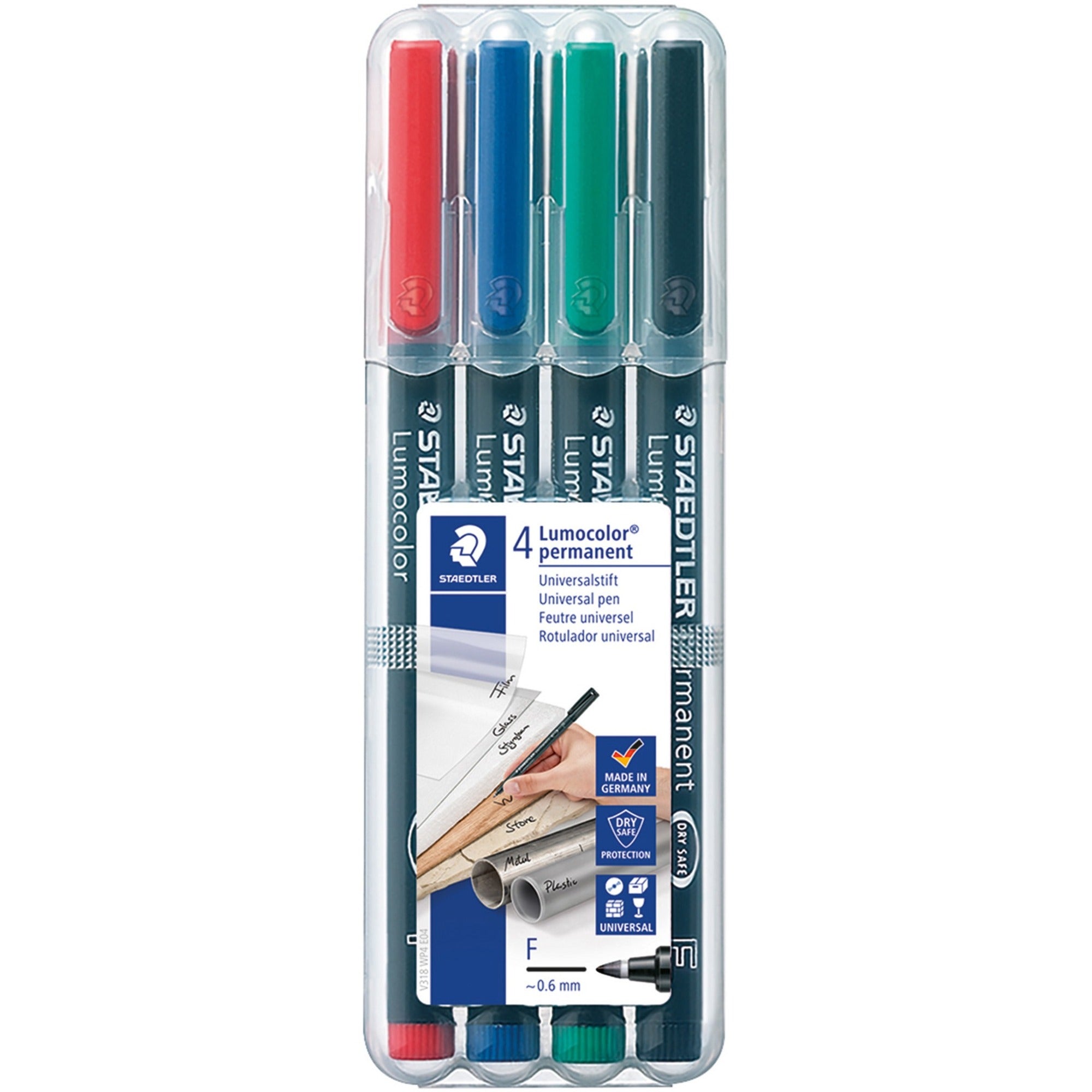 Staedtler Lumocolor Permanent Pens - 0.6 mm Fine Marker Point - Red, Blue, Green, Black Ink - Black Polypropylene Barrel - 4 / Set