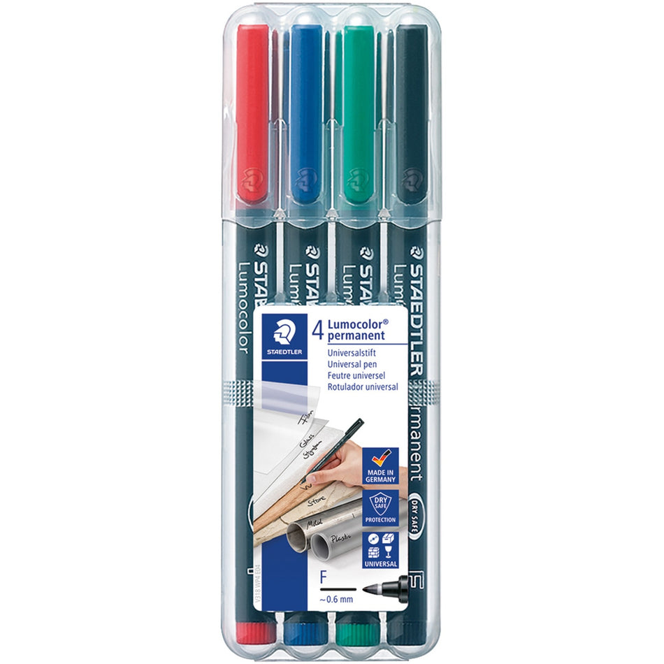 Staedtler Lumocolor Permanent Pens - 0.6 mm Fine Marker Point - Red, Blue, Green, Black Ink - Black Polypropylene Barrel - 4 / Set