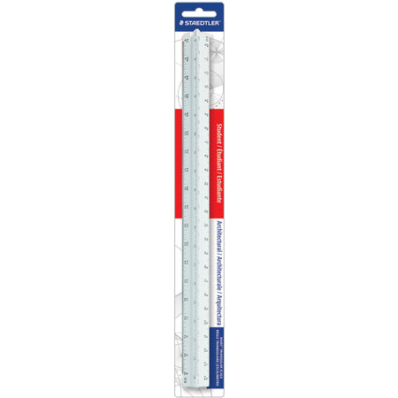 Staedtler Student Series 12" Triangular Scale - 12" Length x 1" Width - 3/32, 1/8, 3/16, 1/4, 3/8, 1/2, 3/4, 1, 1-1/2 Graduations - Imperial, Metric Measuring System - Polystyrene - White - 1 Each