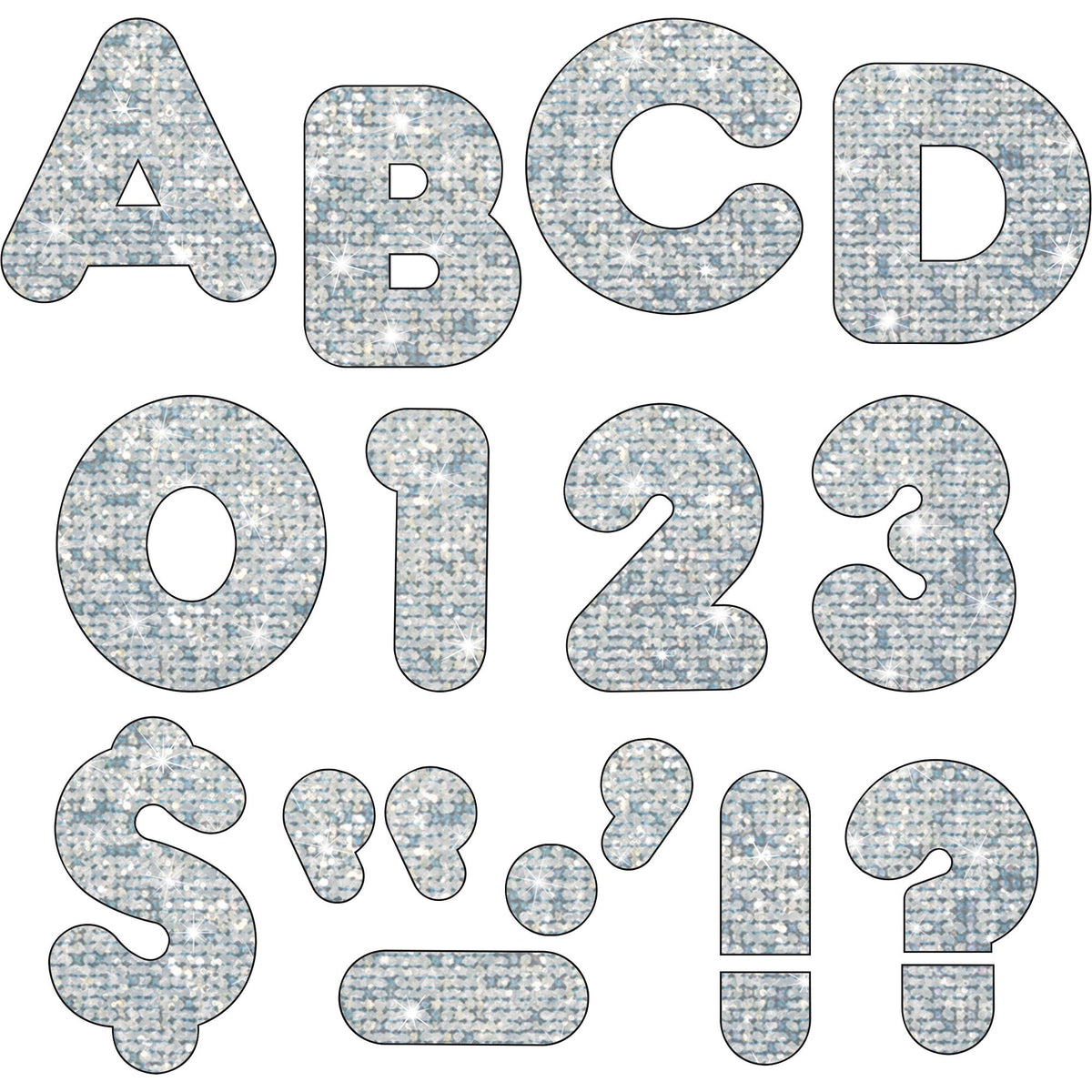 Trend 4" Sparkle Uppercase Ready Letters Set - 50 x Capital Letter, 10 x Number, 10 x Punctuation Marks Shape - Pin-up - Casual Style - 4" Height x 9" Length - Silver - Paper - 71 / Pack