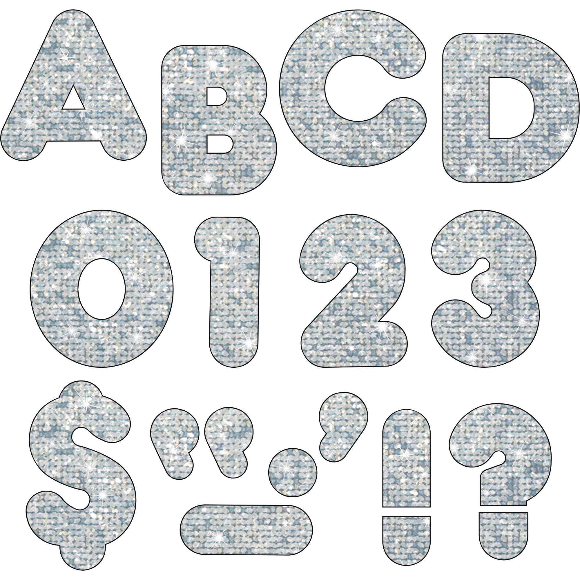 Trend 4" Sparkle Uppercase Ready Letters Set - 50 x Capital Letter, 10 x Number, 10 x Punctuation Marks Shape - Pin-up - Casual Style - 4" Height x 9" Length - Silver - Paper - 71 / Pack