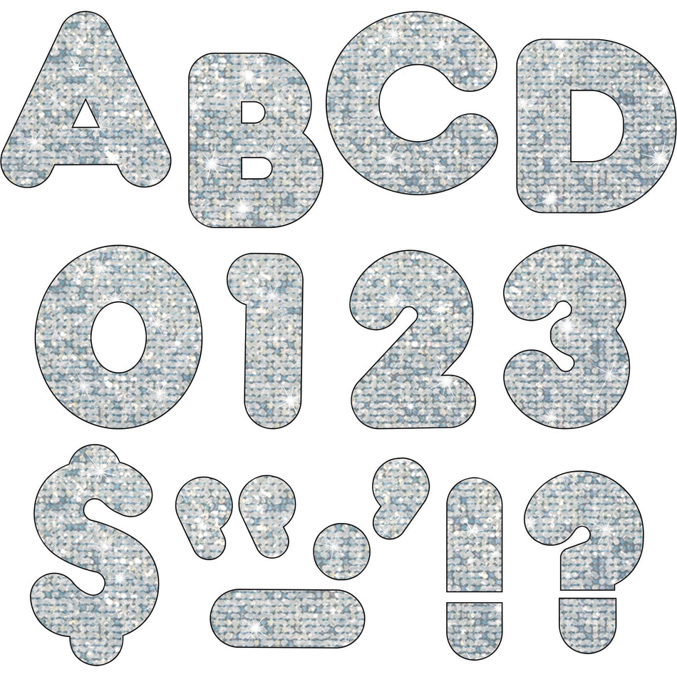 Trend 4" Sparkle Uppercase Ready Letters Set - 50 x Capital Letter, 10 x Number, 10 x Punctuation Marks Shape - Pin-up - Casual Style - 4" Height x 9" Length - Silver - Paper - 71 / Pack