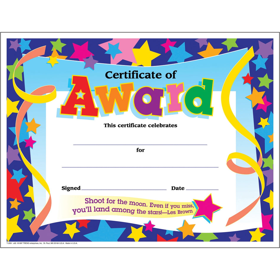 Trend Shoot for the Moon Award Certificate - "Certificate of Award" - 8.5" Width x 11" Length - 30 / Pack