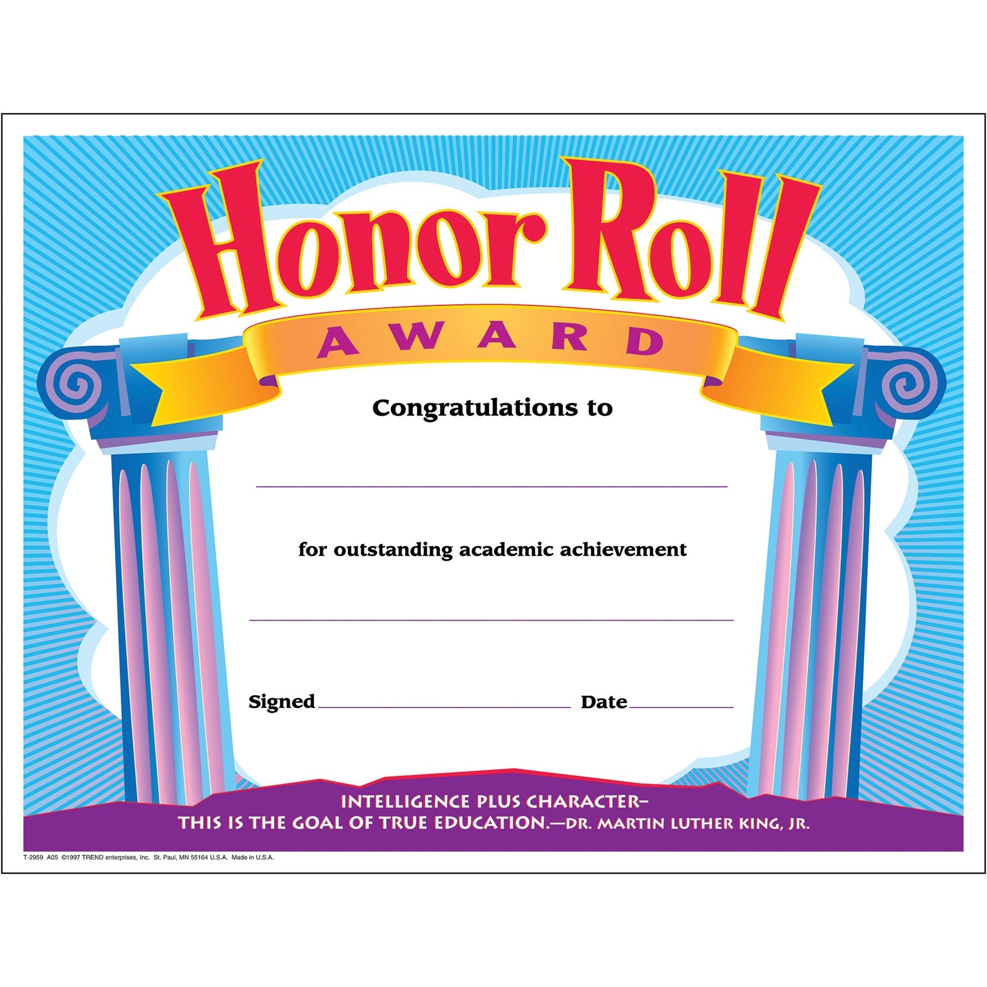 Trend Honor Roll Award Certificate - "Honor Roll Award" - 8.5" Width x 11" Length - Assorted - 30 / Pack