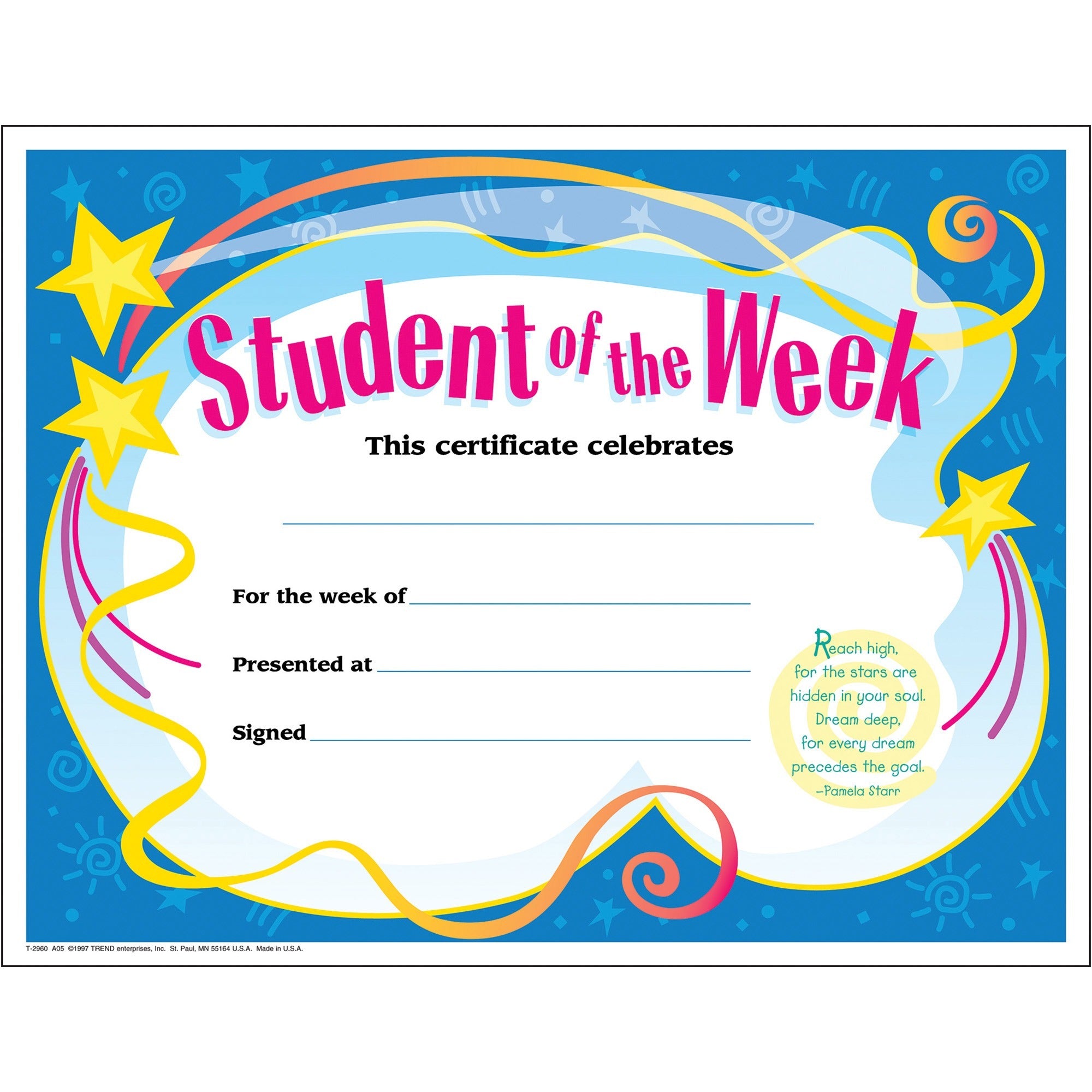 Trend Student of The Week Award Certificate - "Student of the Week" - 8.5" Width x 11" Length - 30 / Pack