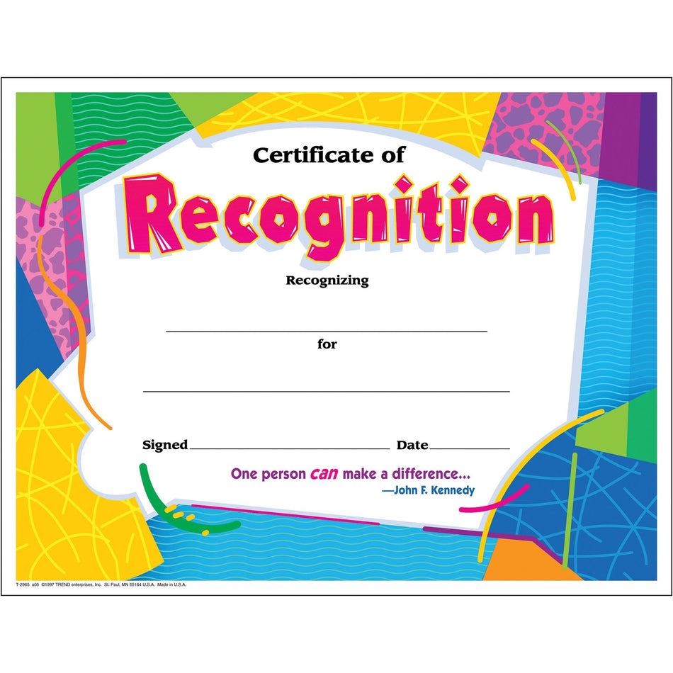 Trend Certificate of Recognition - "Certificate of Recognition" - 8.5" Width x 11" Length - 30 / Pack