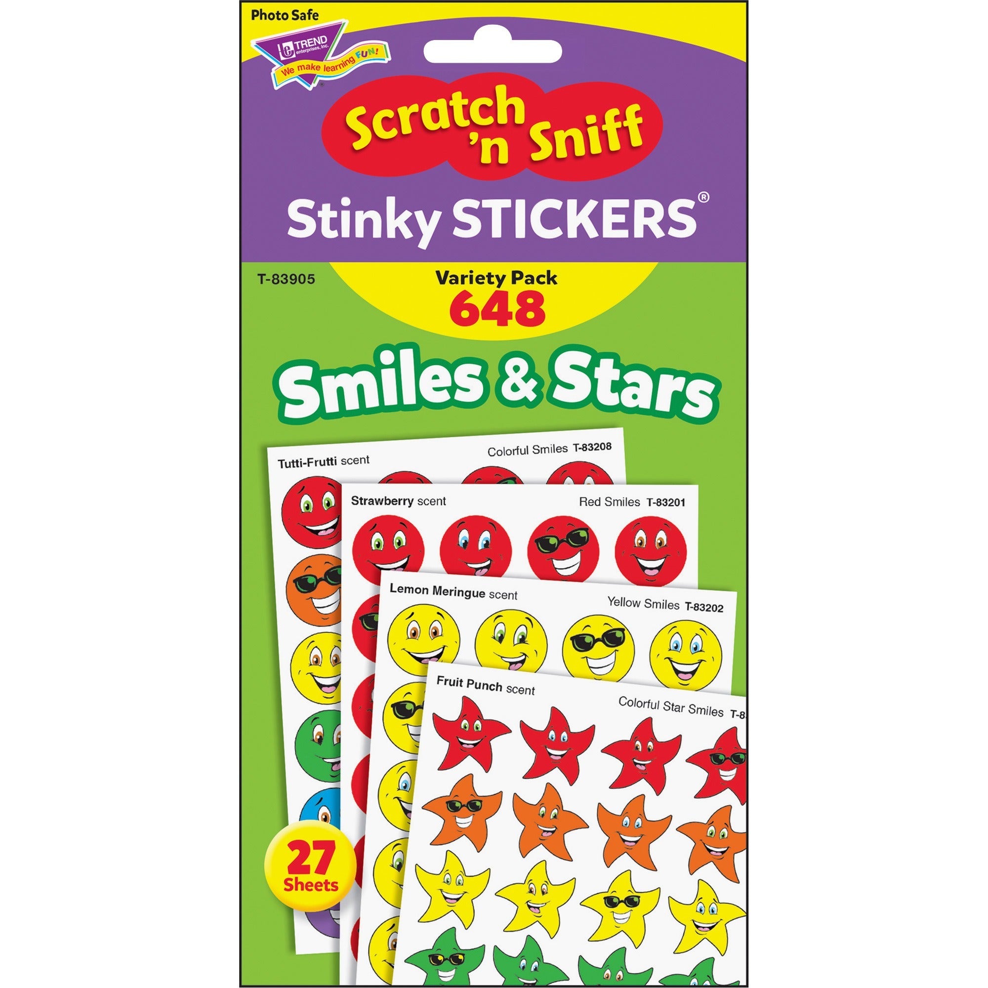 Trend Stinky Stickers Jumbo Variety Pack - Smiles & Stars Shape - Self-adhesive - Acid-free, Non-toxic, Photo-safe, Scented - Assorted - Paper - 648 / Pack